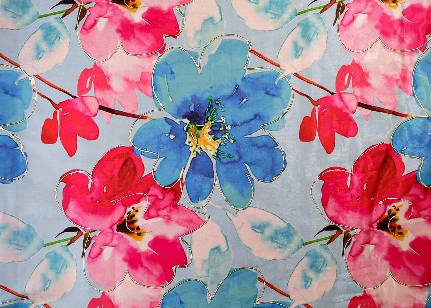 Sky Blue Satin Organza Fabric with All Over Floral Print and Foil Work 14969