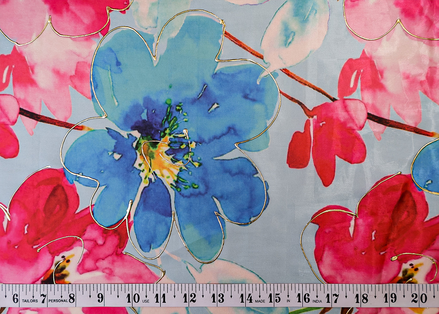 Sky Blue Satin Organza Fabric with All Over Floral Print and Foil Work 14969