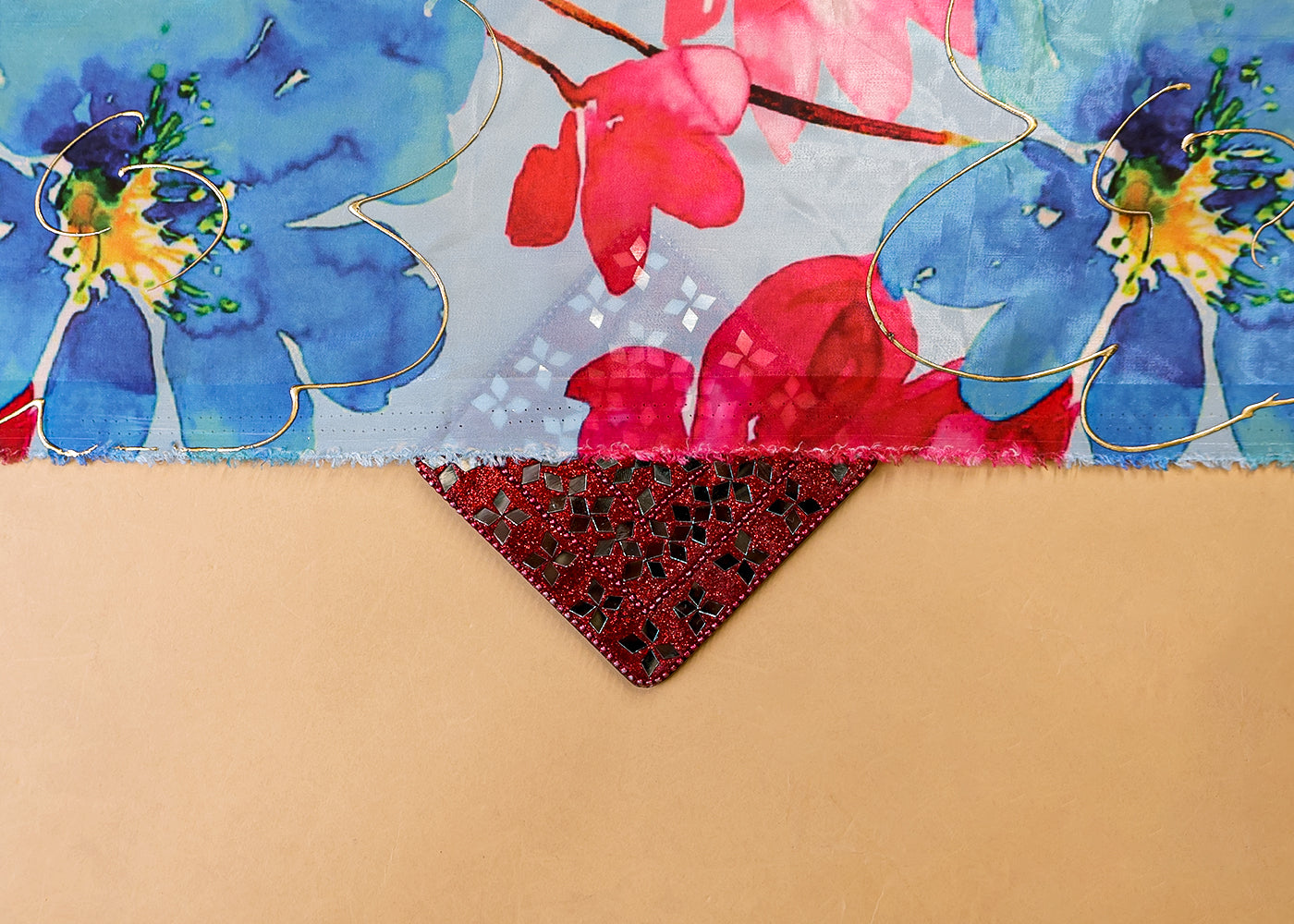 Sky Blue Satin Organza Fabric with All Over Floral Print and Foil Work 14969