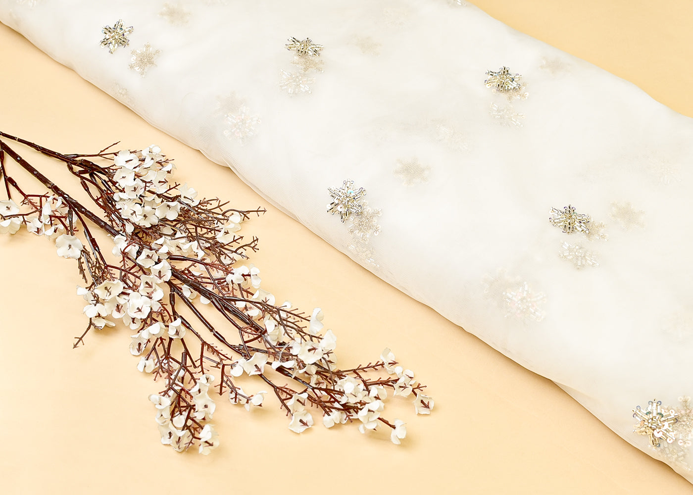 White Net Fabric with All Over Katdana and Rainbow Sequins Buti 15000