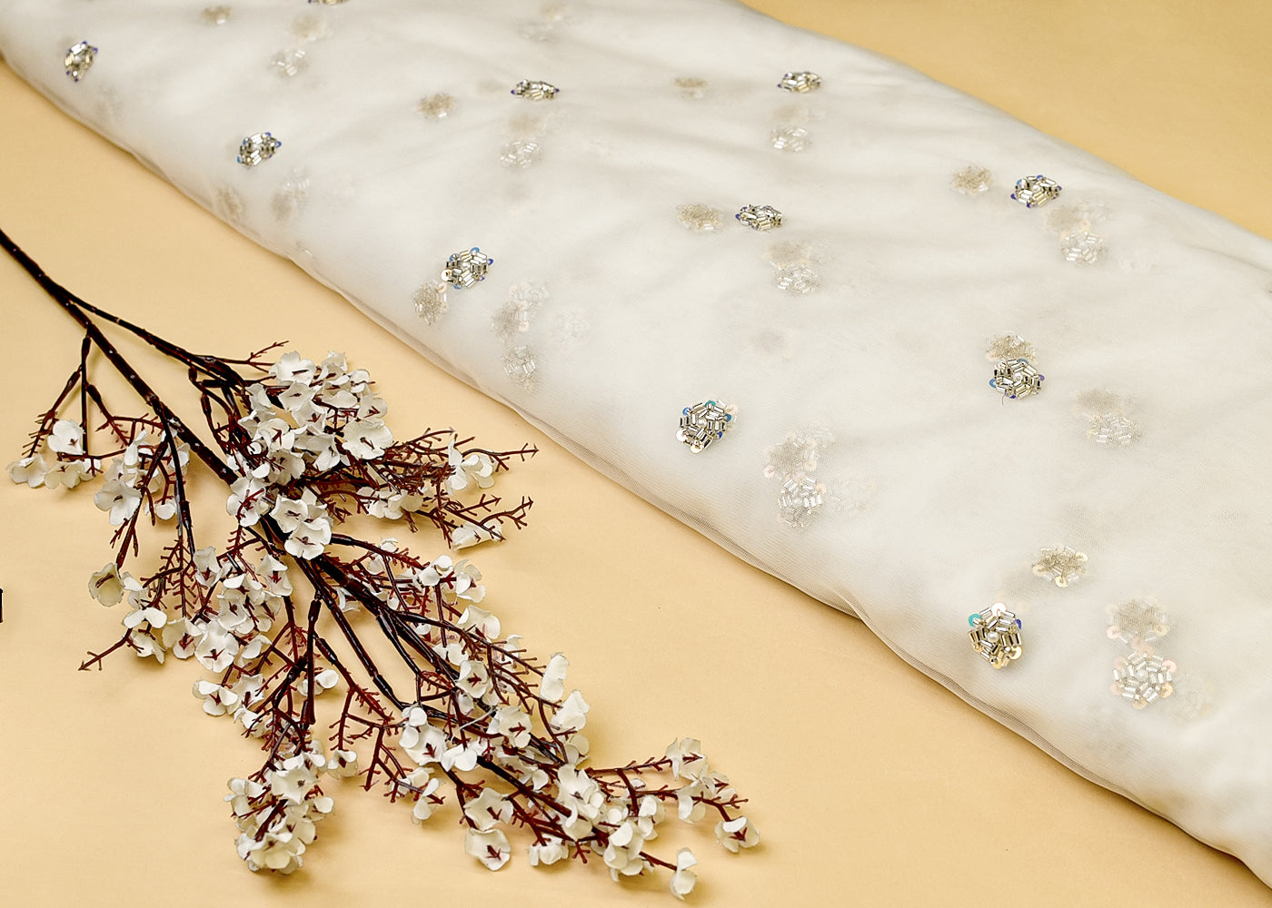 White Net Fabric with All Over Katdana, Rainbow Sequins, and Bead Buti 15001