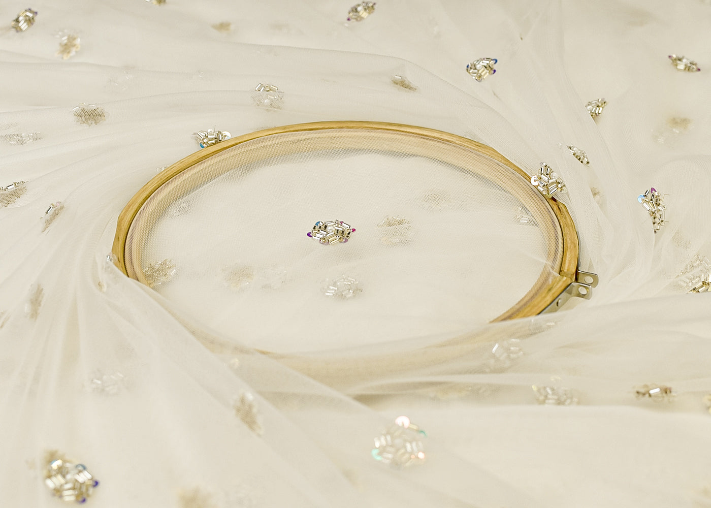 White Net Fabric with All Over Katdana, Rainbow Sequins, and Bead Buti 15001