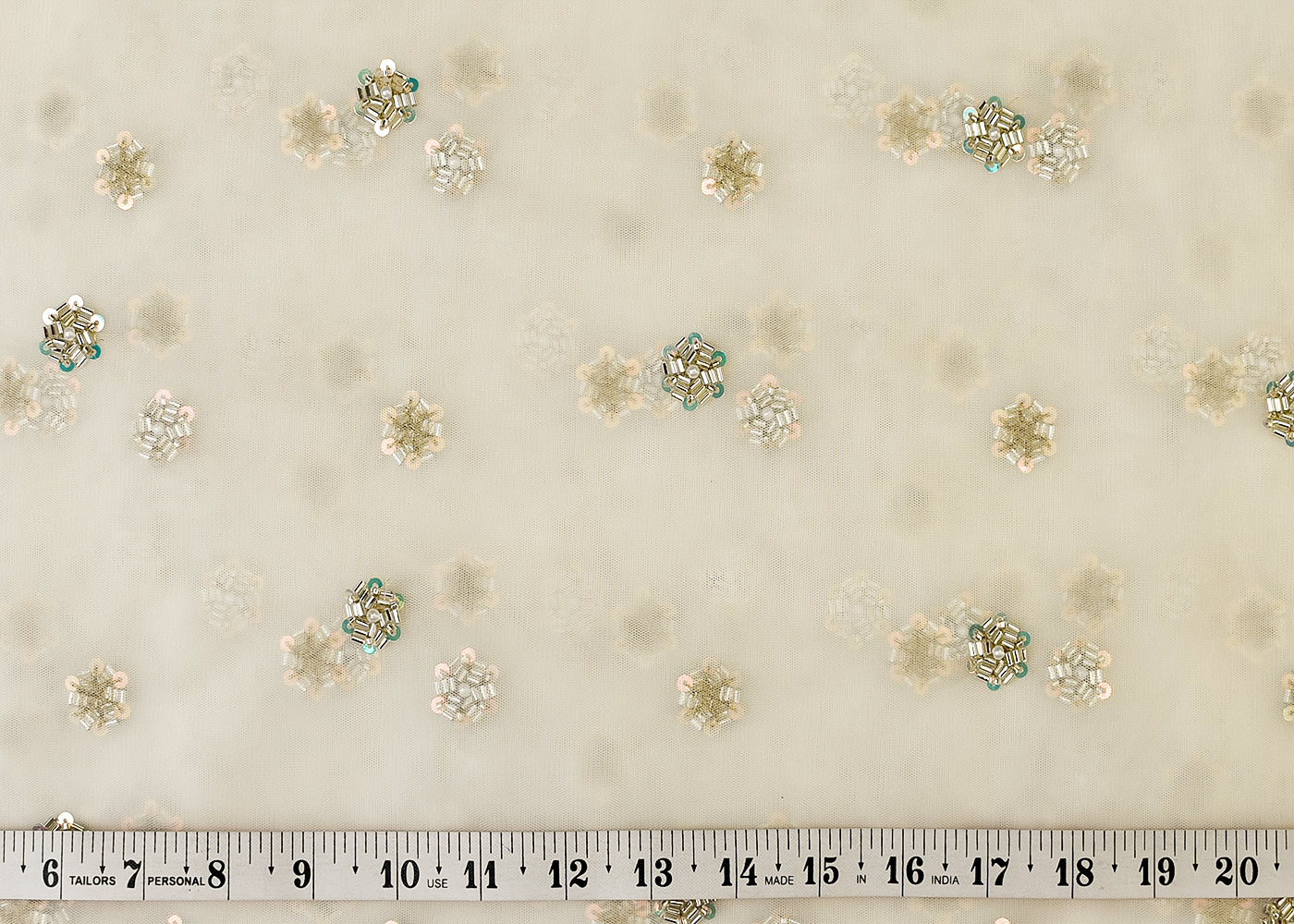 The Noor - White Net Fabric with Buti Of Katdana, Rainbow Sequins, and Bead | 15001