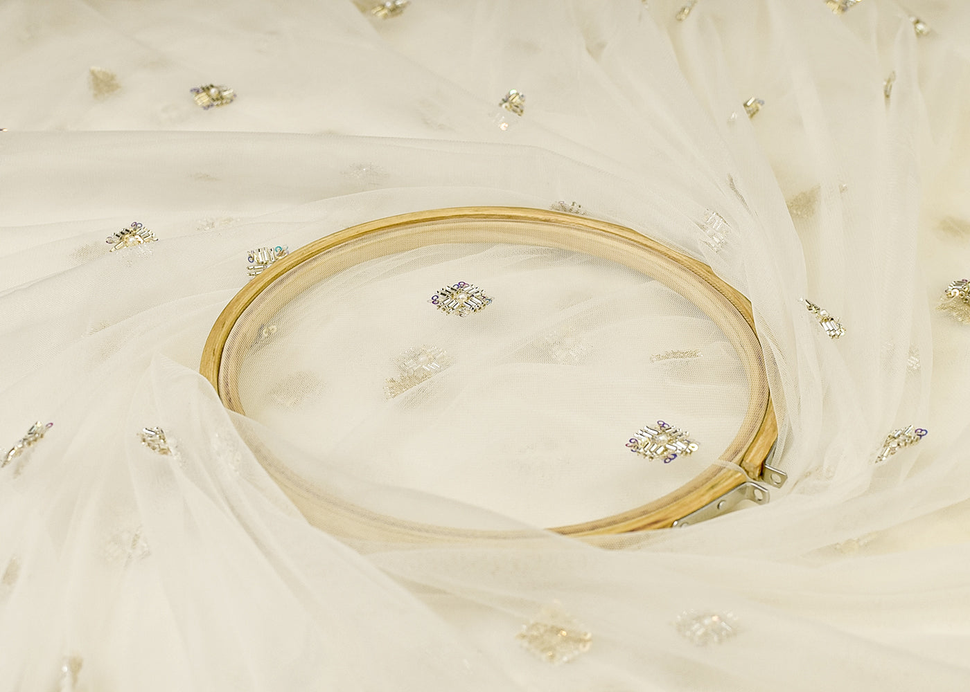 White Net Fabric with All Over Katdana, Rainbow Sequins, and Bead Buti 15003