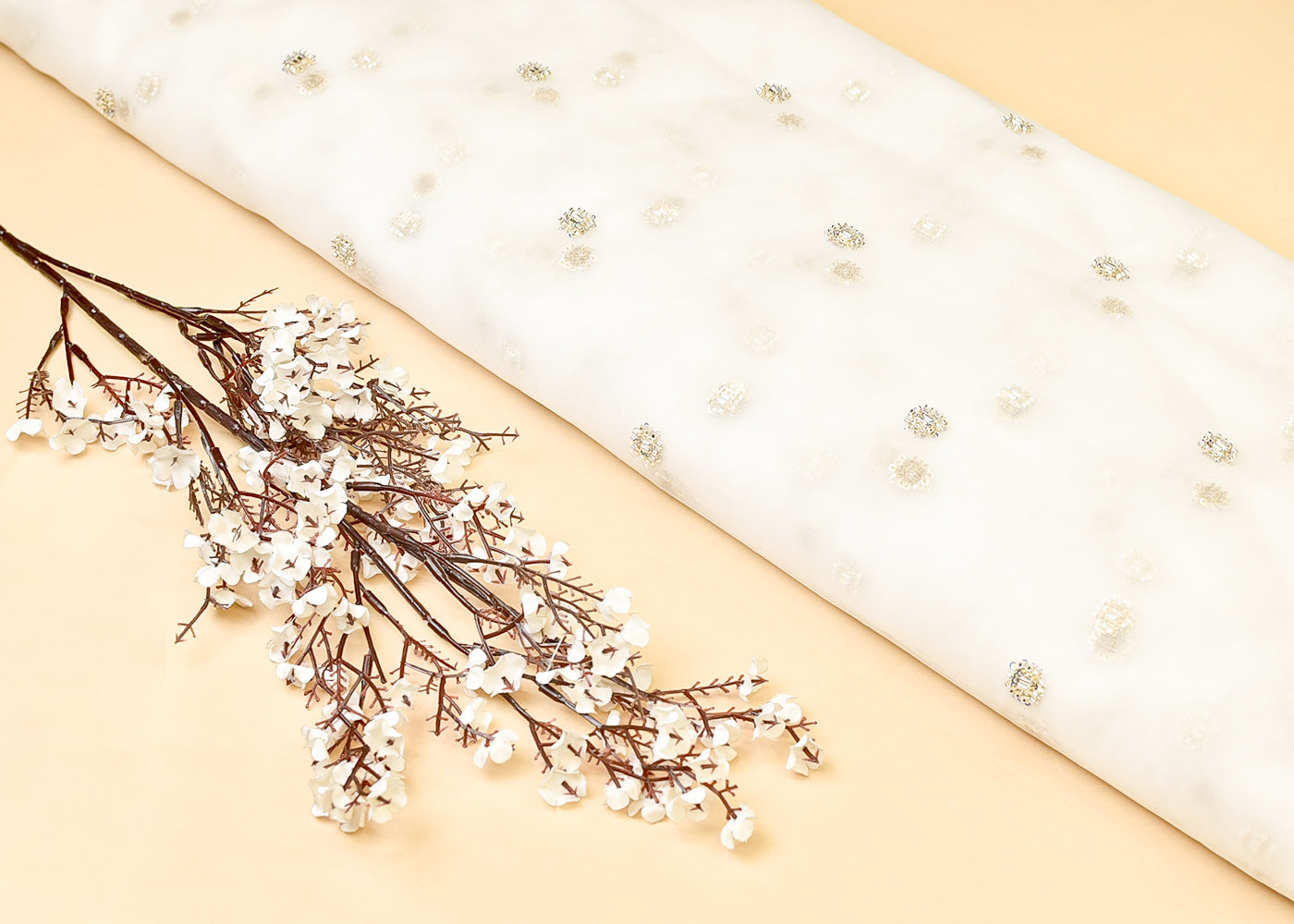 White Net Fabric with All Over Katdana and Rainbow Sequins Buti 15004