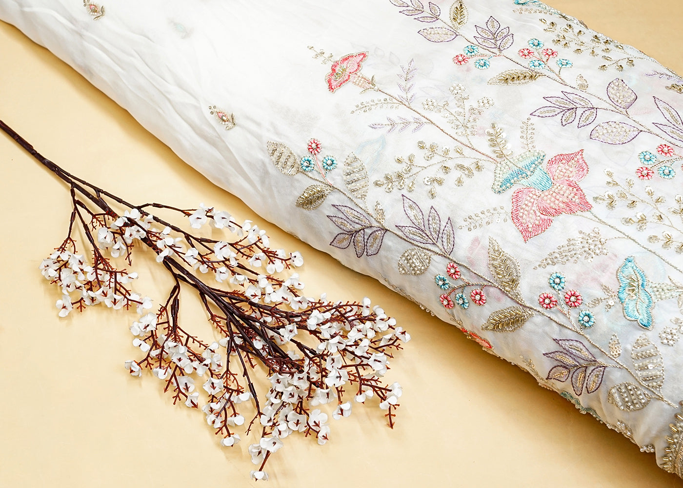 Dyeable Viscose Organza Fabric with All Over Zari, Sequins, Pearls & Katdana Work with One Side Heavy Scalloped Border 15022