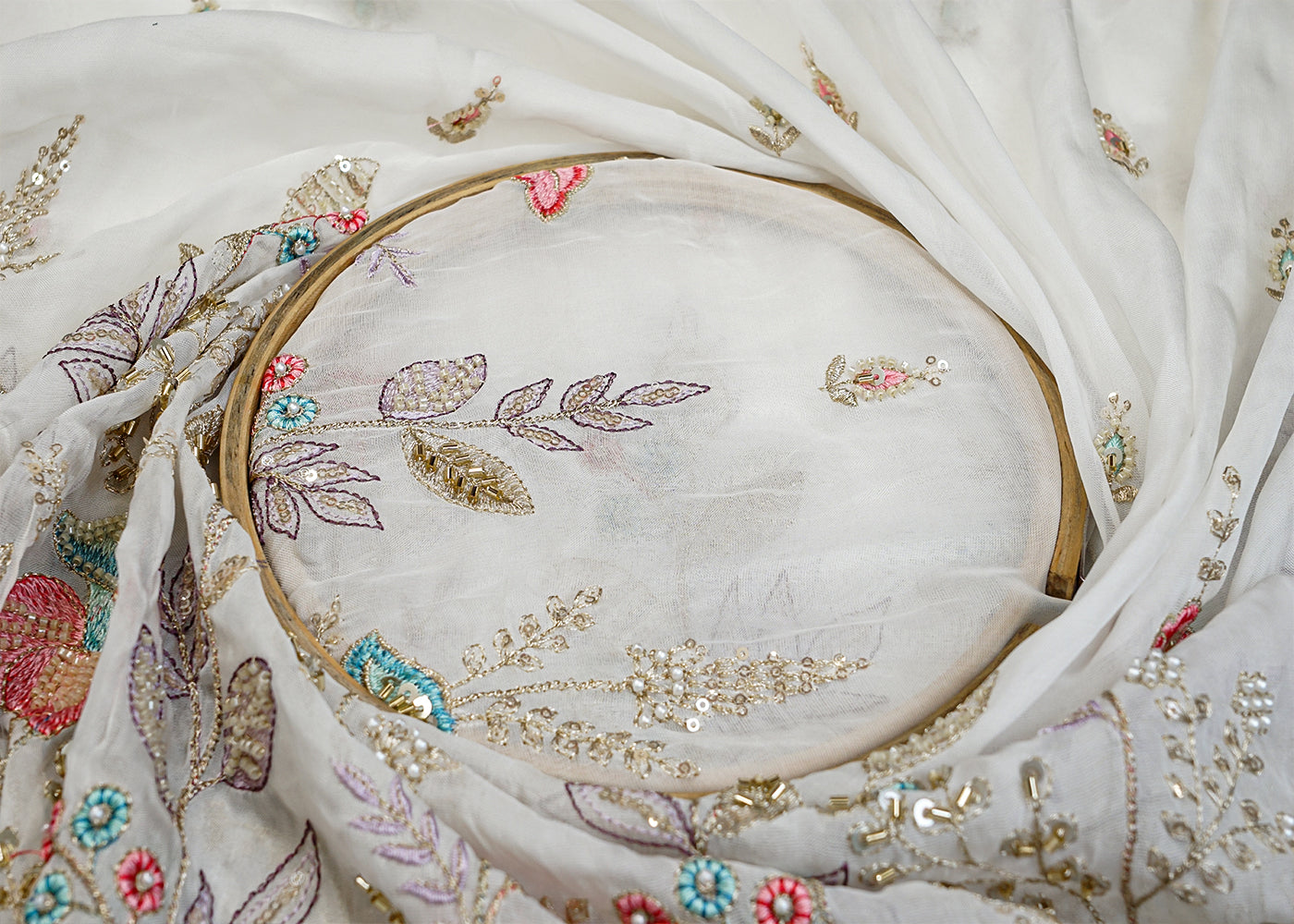 Dyeable Viscose Organza Fabric with All Over Zari, Sequins, Pearls & Katdana Work with One Side Heavy Scalloped Border 15022