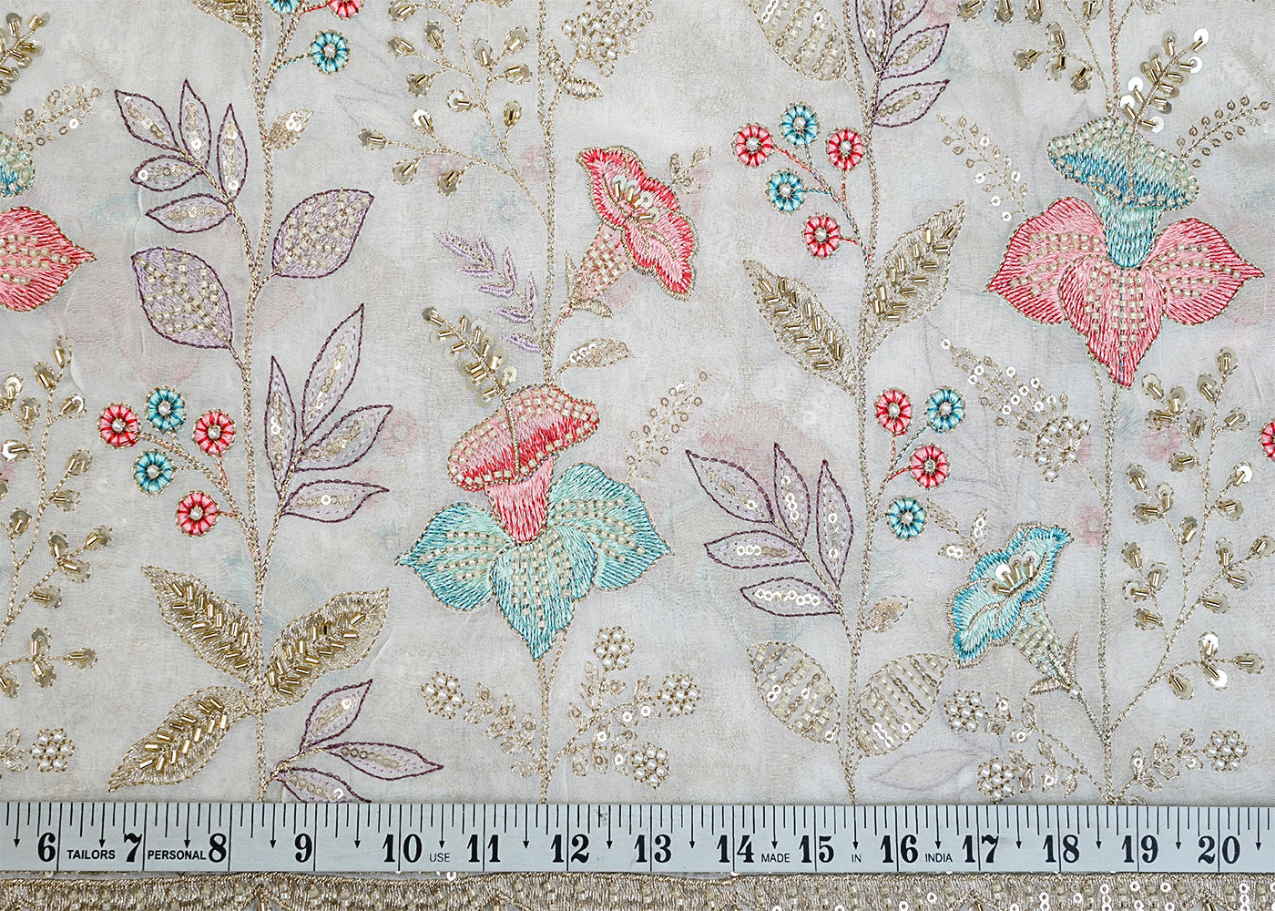 Dyeable Viscose Organza Fabric with All Over Zari, Sequins, Pearls & Katdana Work with One Side Heavy Scalloped Border 15022