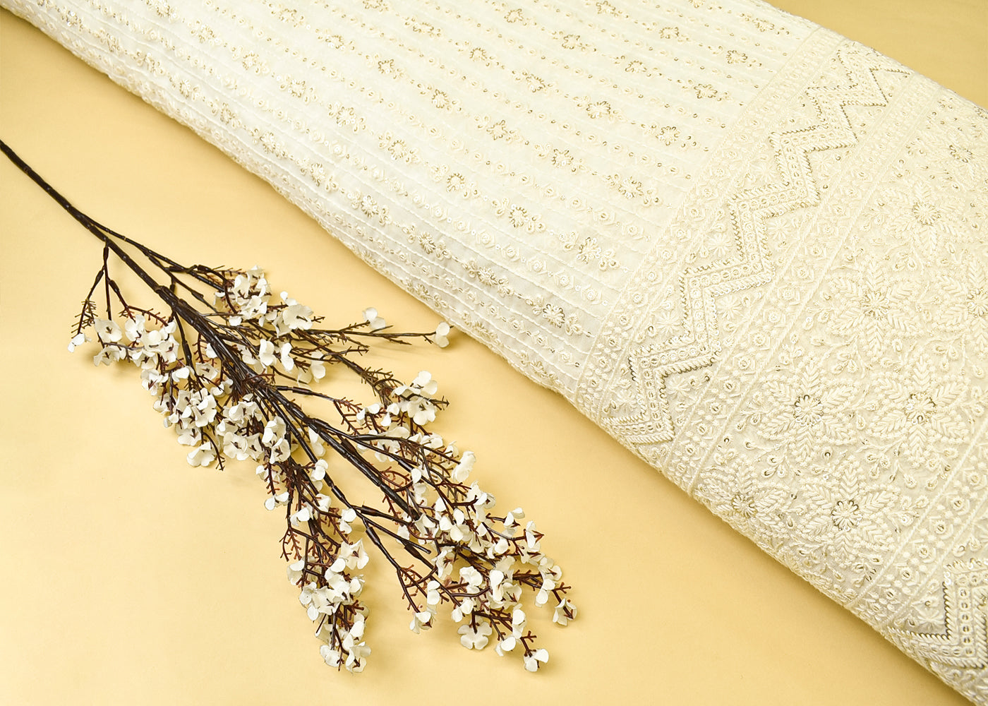 Dyeable Georgette Fabric with All Over Thread & Sequins Work with One Side Heavy Border 15040