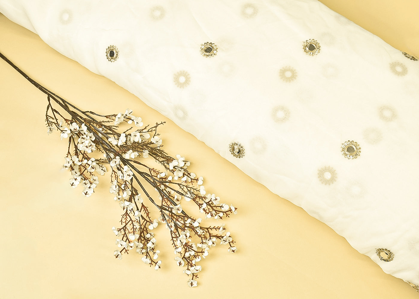 Dyeable Georgette Fabric with All Over Zari and Faux Mirror Work with Two Side Scalloped Border 15080