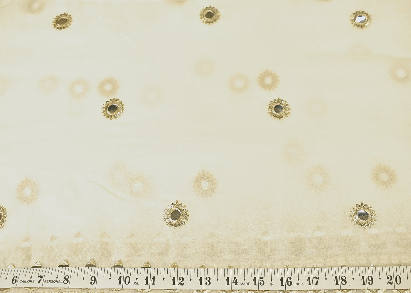 Dyeable Georgette Fabric with All Over Zari and Faux Mirror Work with Two Side Scalloped Border 15080