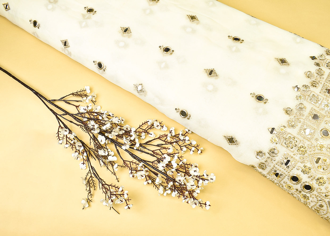 Dyeable Georgette Fabric with All Over Zari and Faux Mirror Work with One Side Heavy and Scalloped Border 15081