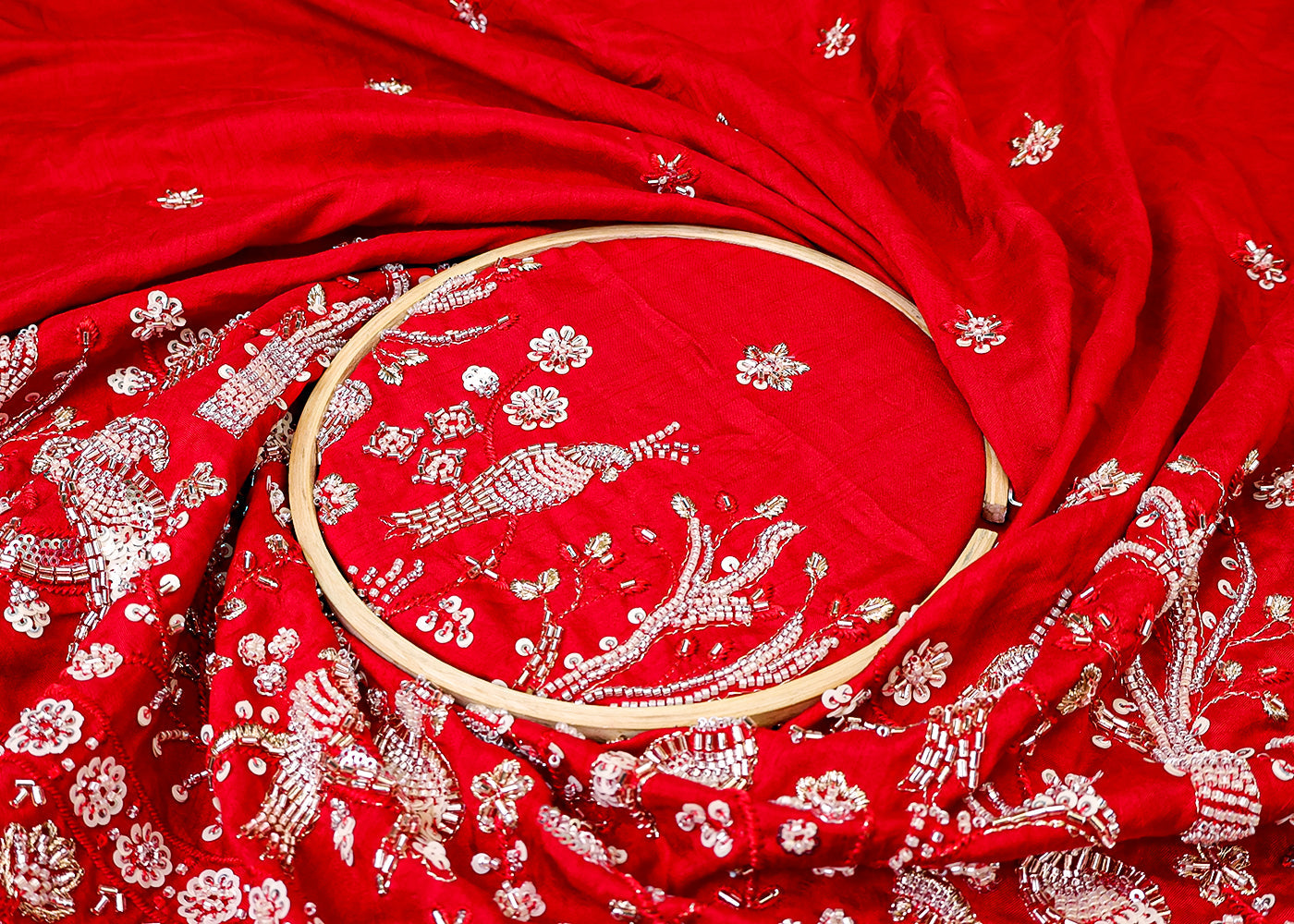 Red Dola Silk Fabric with All Over Sequins, Katdana and Thread Work and One Side Heavy Border 15085