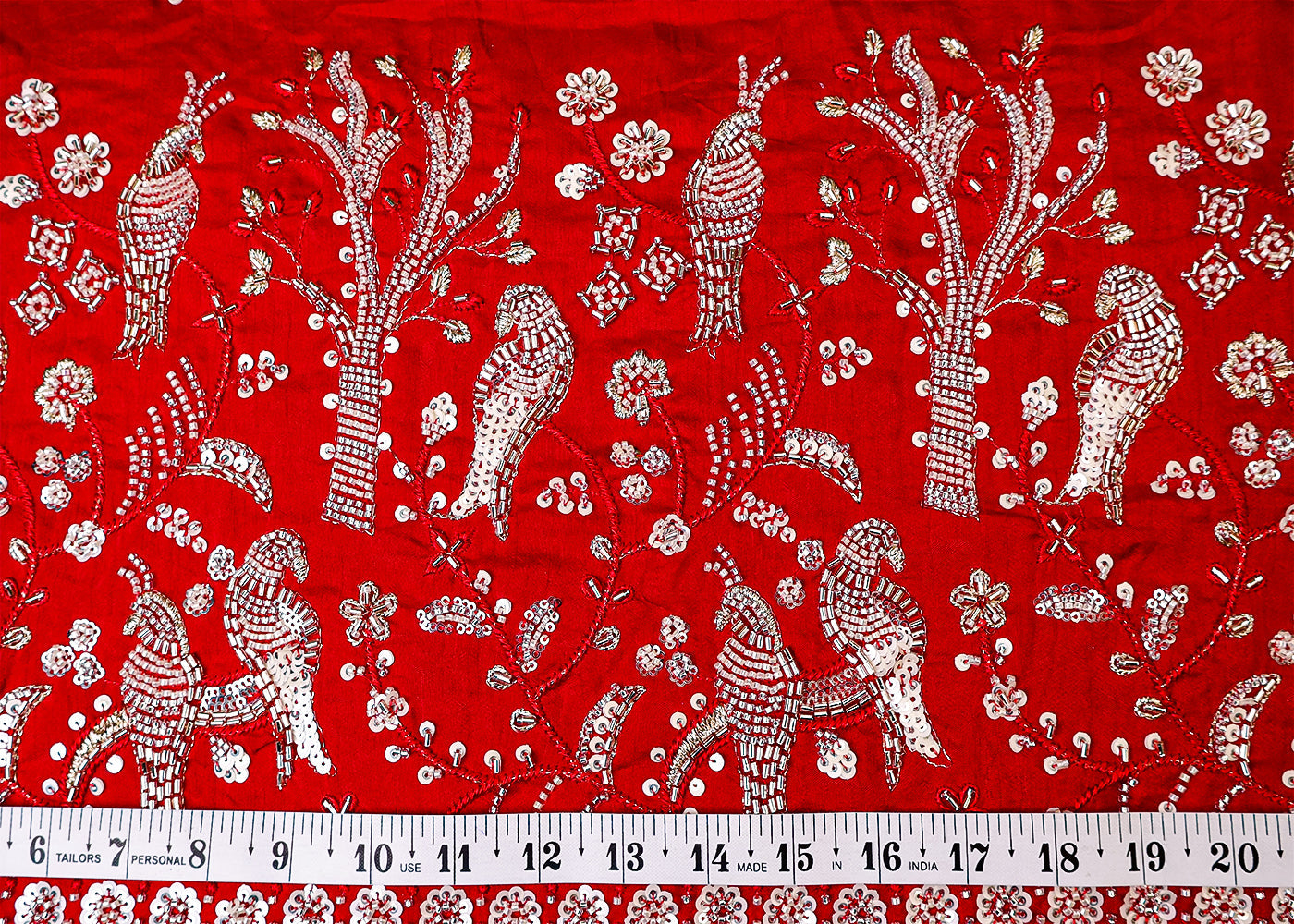 Red Dola Silk Fabric with All Over Sequins, Katdana and Thread Work and One Side Heavy Border 15085