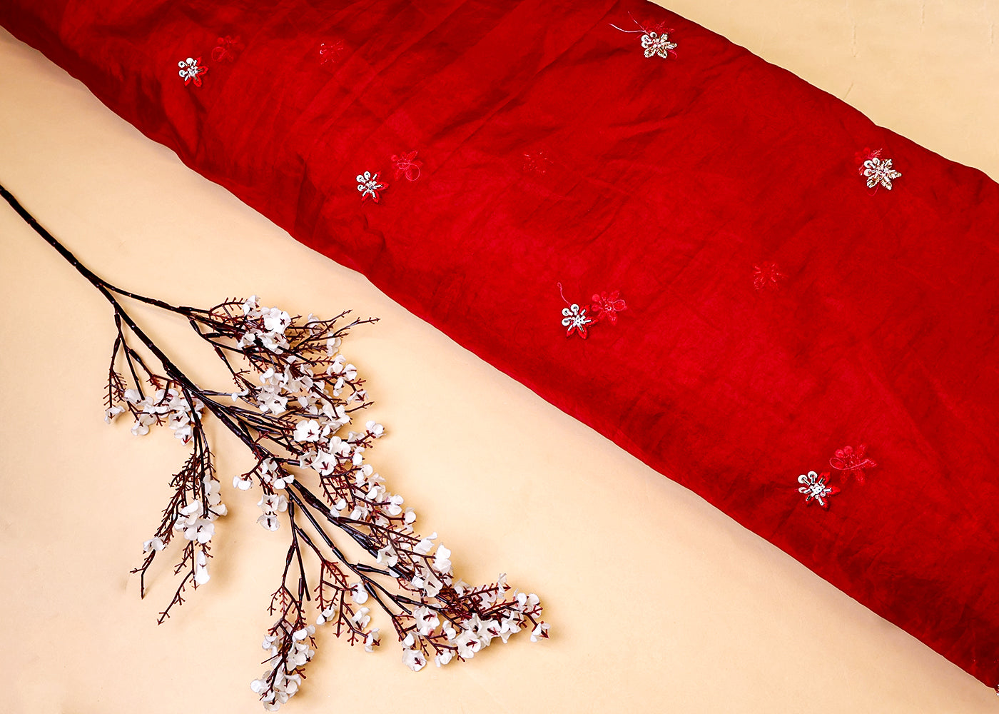 Red Organza Fabric with All Over Sequins, Katdana, and Thread Work with Two-Side Border 15089