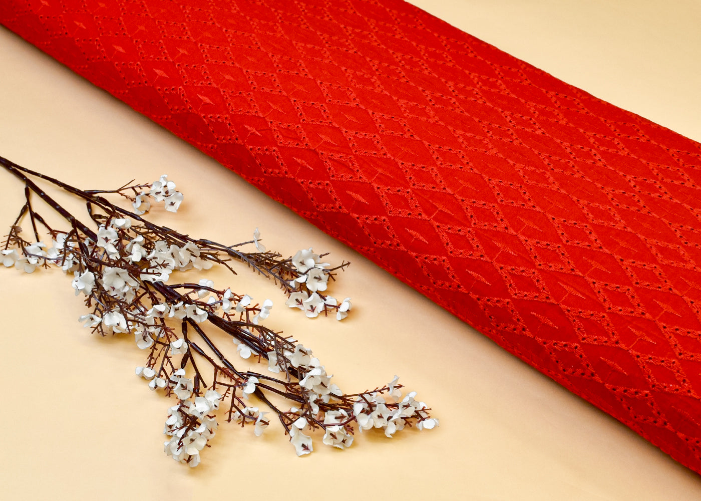 Red Cotton Fabric with All-Over Chikankari Cutwork 15099