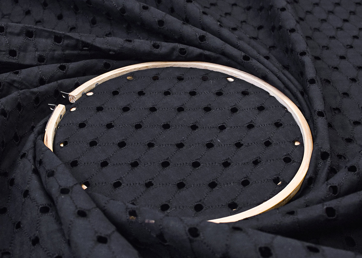 Black Cotton Fabric with All-Over Chikankari Cutwork 15106