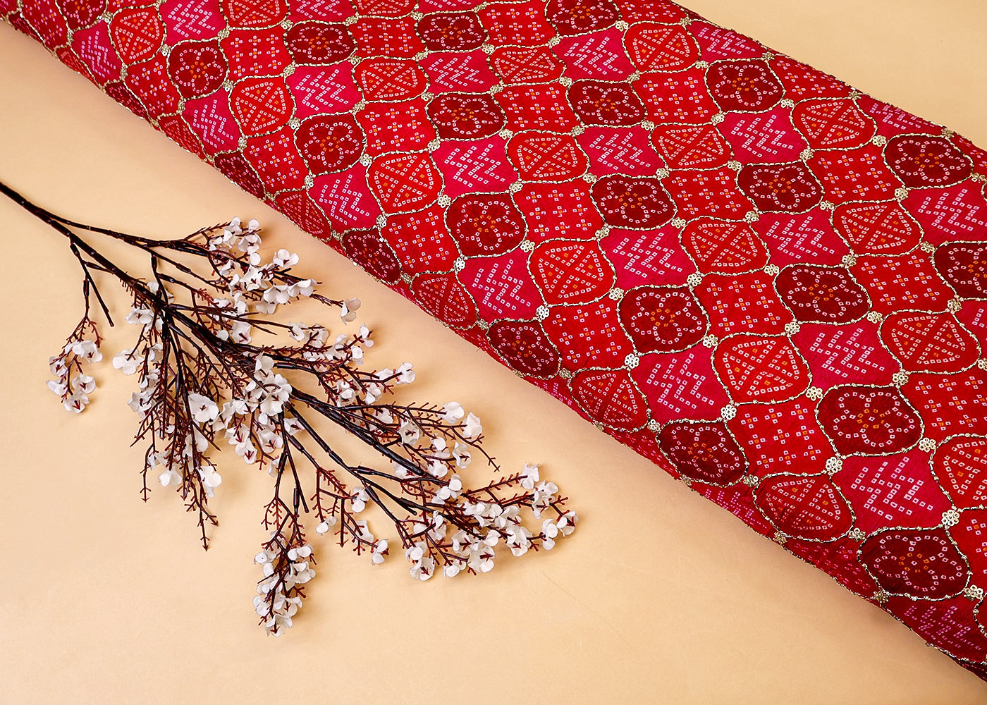 Red Chinon Chiffon Fabric with All Over Bandhani Print, Katdana and Sequins Work 15116