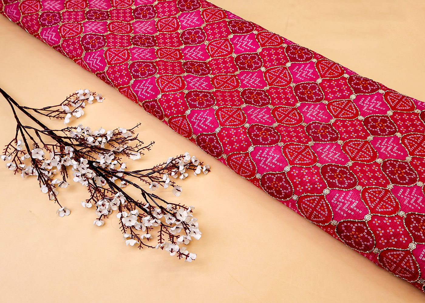 Pink Chinon Chiffon Fabric with All Over Bandhani Print, Katdana and Sequins Work 15117