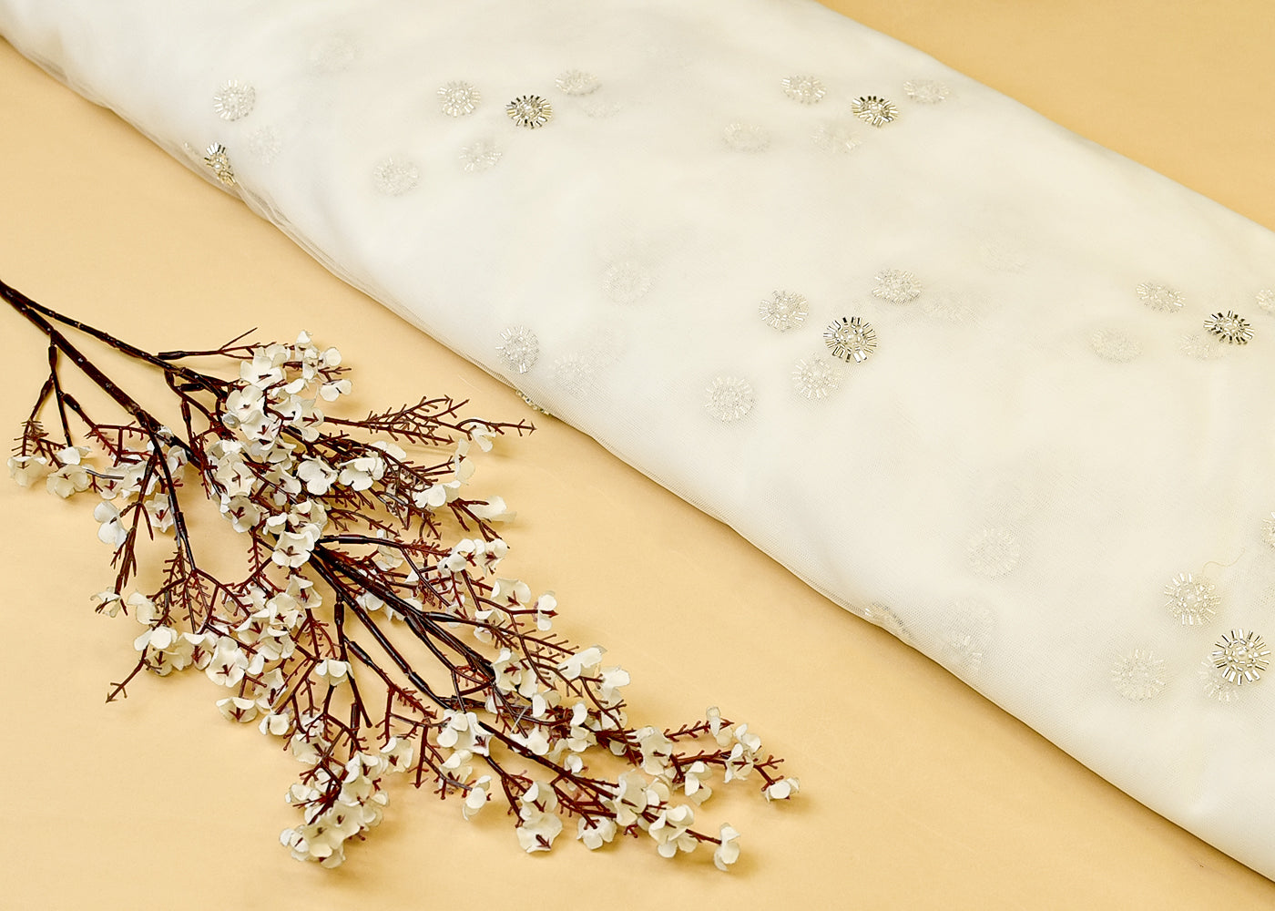 White Net Fabric with All Over Silver Katdana and Bead Buti 15138