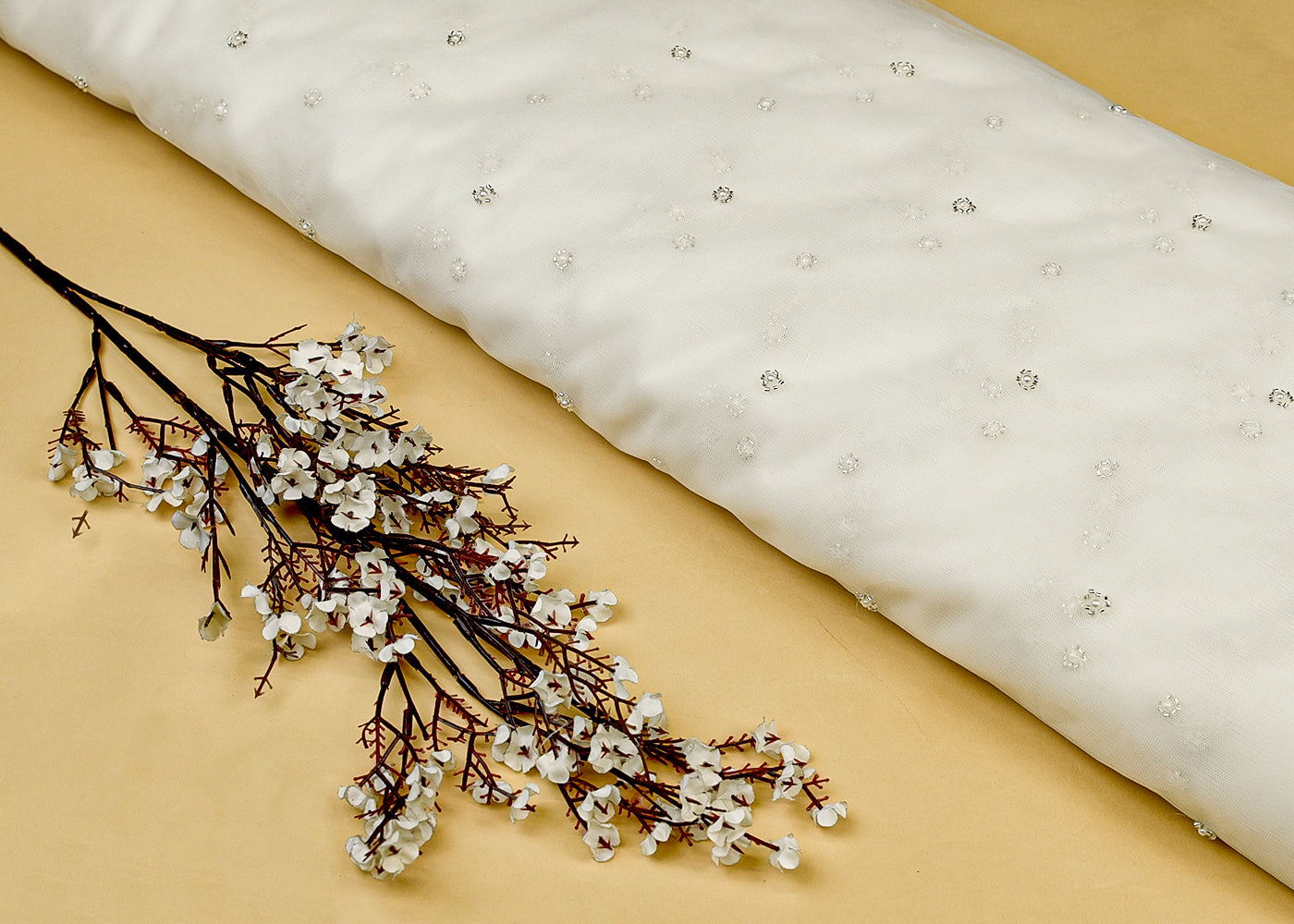 White Net Fabric with All Over Silver Katdana and Bead Buti 15141