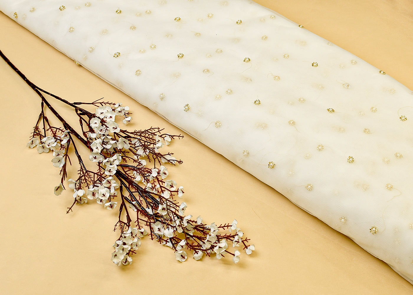 White Net Fabric with All Over Golden Katdana and Bead Buti 15142