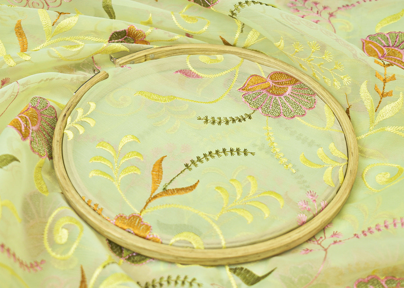 Pista Green Organza Fabric with All Over Thread Work 15154