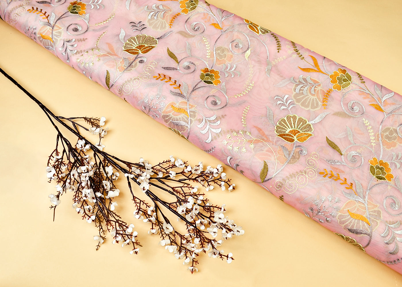 Light Pink Organza Fabric with All Over Thread Work 15156