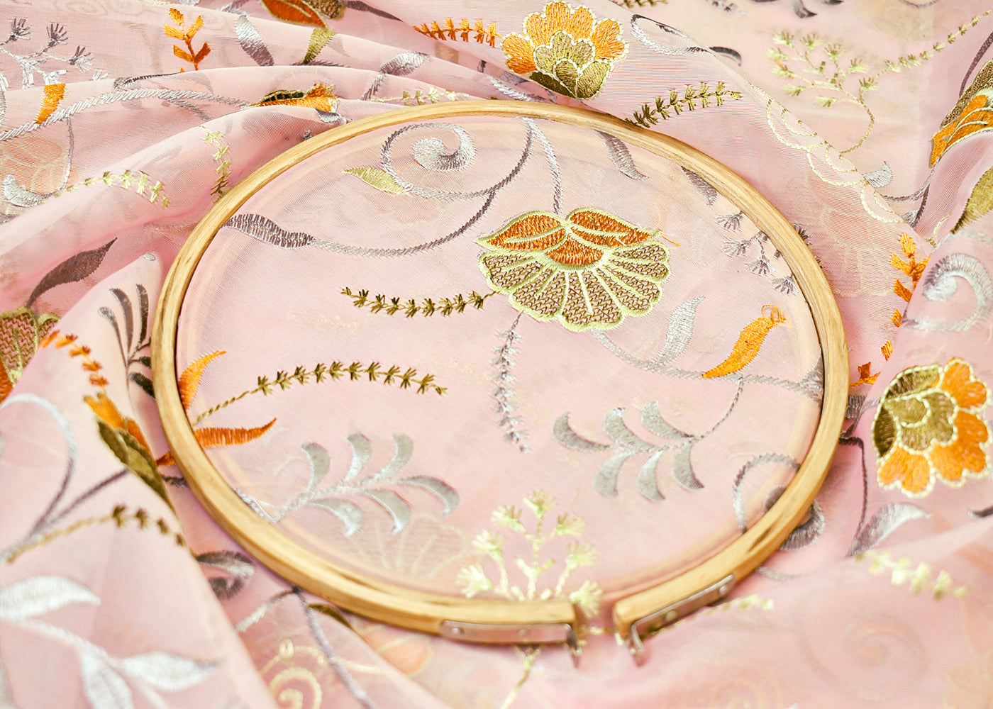 Light Pink Organza Fabric with All Over Thread Work 15156