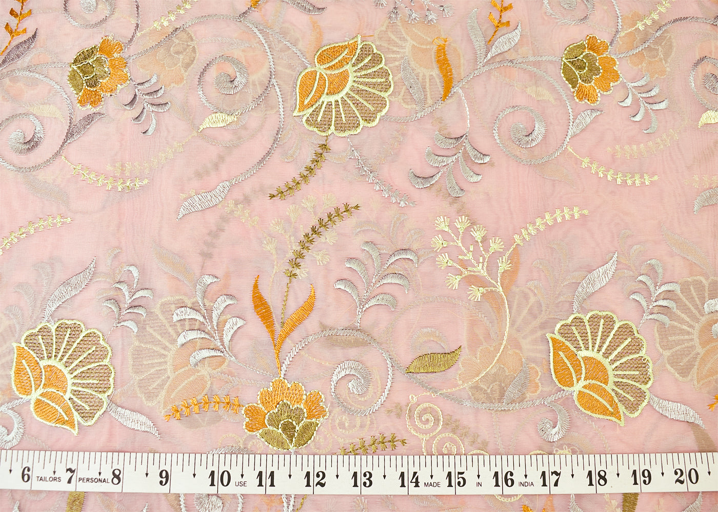 Light Pink Organza Fabric with All Over Thread Work 15156