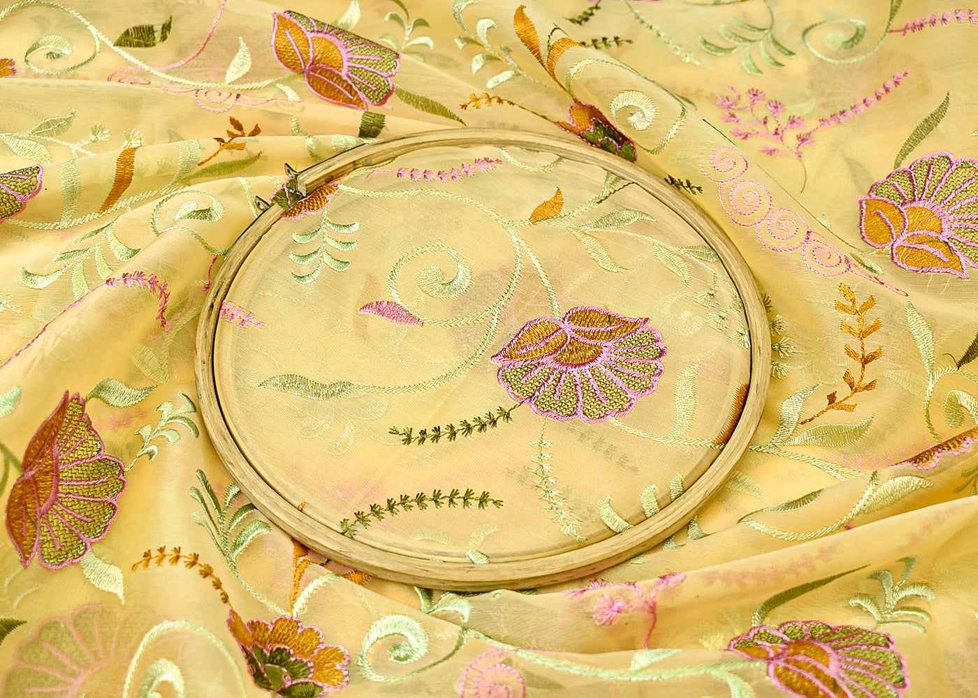 Yellow Organza Fabric with All Over Thread Work 15157