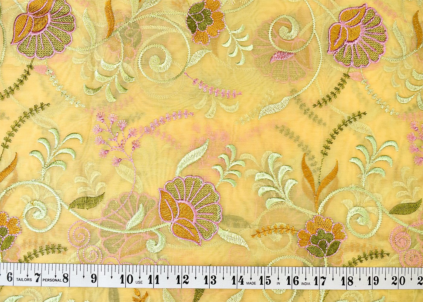 Yellow Organza Fabric with All Over Thread Work 15157