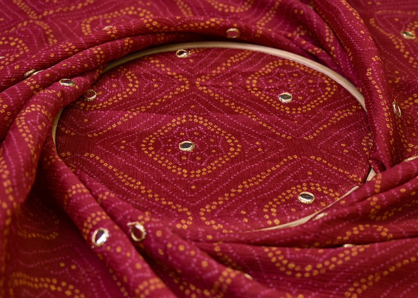 Pink Chinon Chiffon Fabric with All Over Bandhani Print and Faux Mirror Work 15160