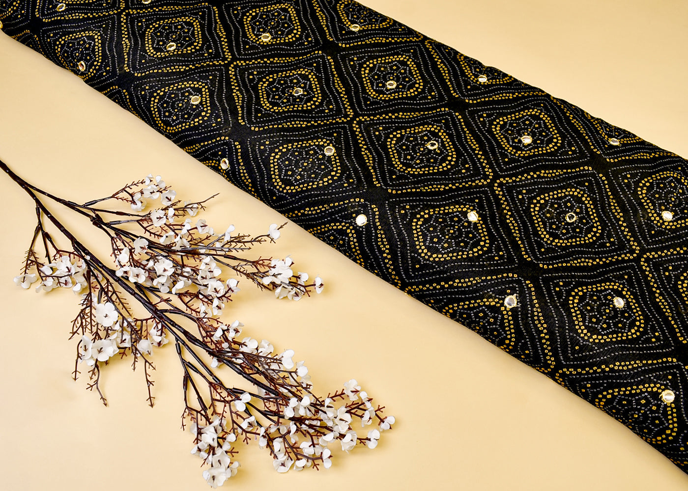 Black Chinon Chiffon Fabric with All Over Bandhani Print and Faux Mirror Work 15161