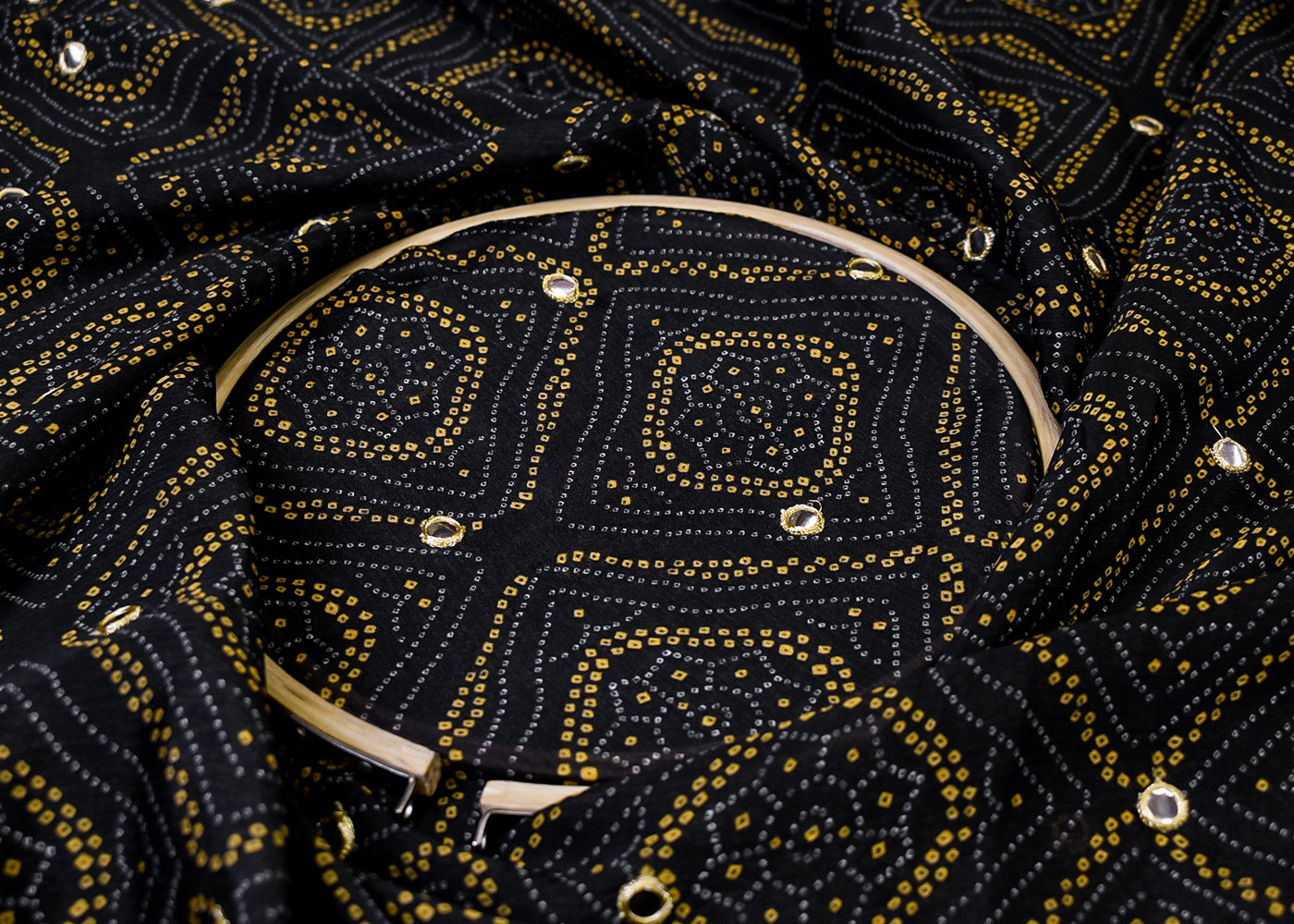 Black Chinon Chiffon Fabric with All Over Bandhani Print and Faux Mirror Work 15161