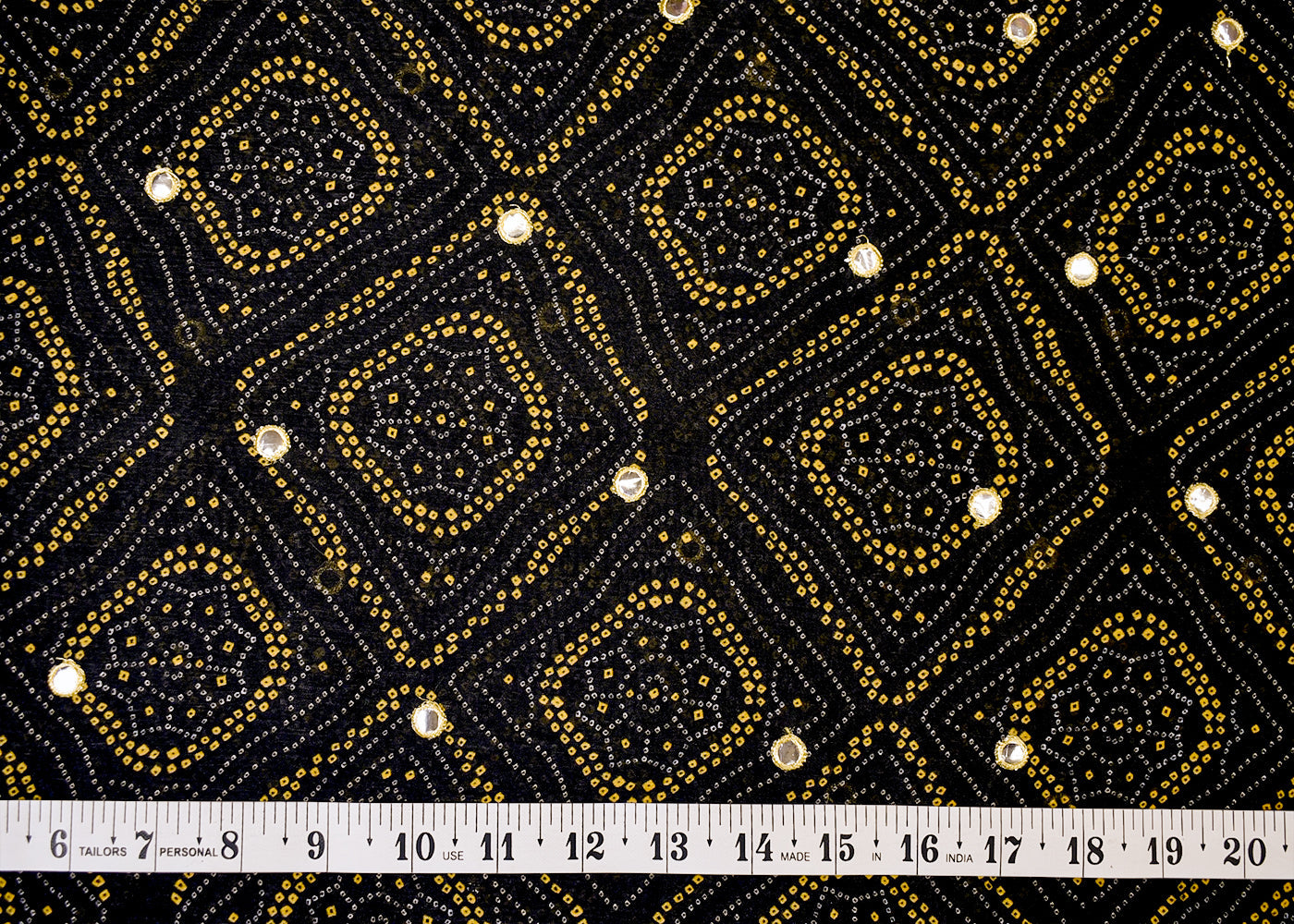 Black Chinon Chiffon Fabric with All Over Bandhani Print and Faux Mirror Work 15161