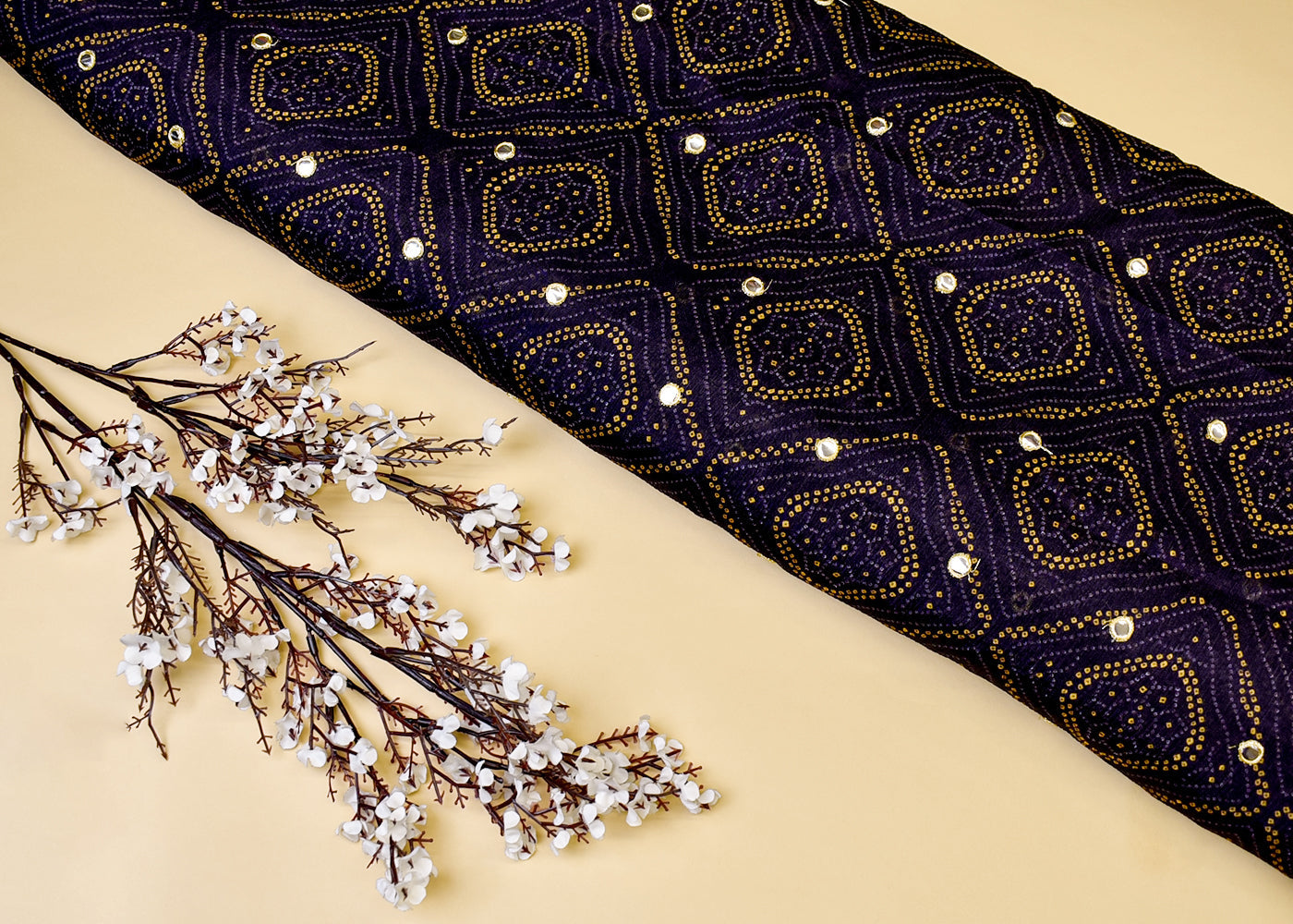 Dark Purple Chinon Chiffon Fabric with All Over Bandhani Print and Faux Mirror Work 15162