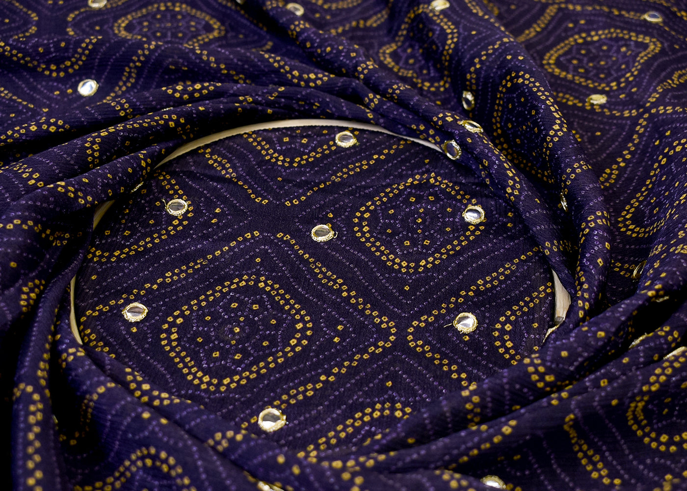 Dark Purple Chinon Chiffon Fabric with All Over Bandhani Print and Faux Mirror Work 15162