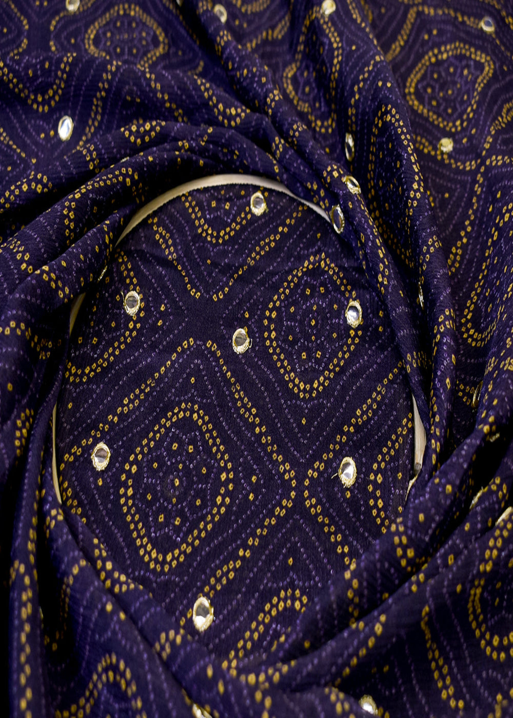 Dark-Purple-Chinon-Chiffon-Fabric-with-All-Over-Bandhani-Print-and-Faux-Mirror-Work-15162-close-view