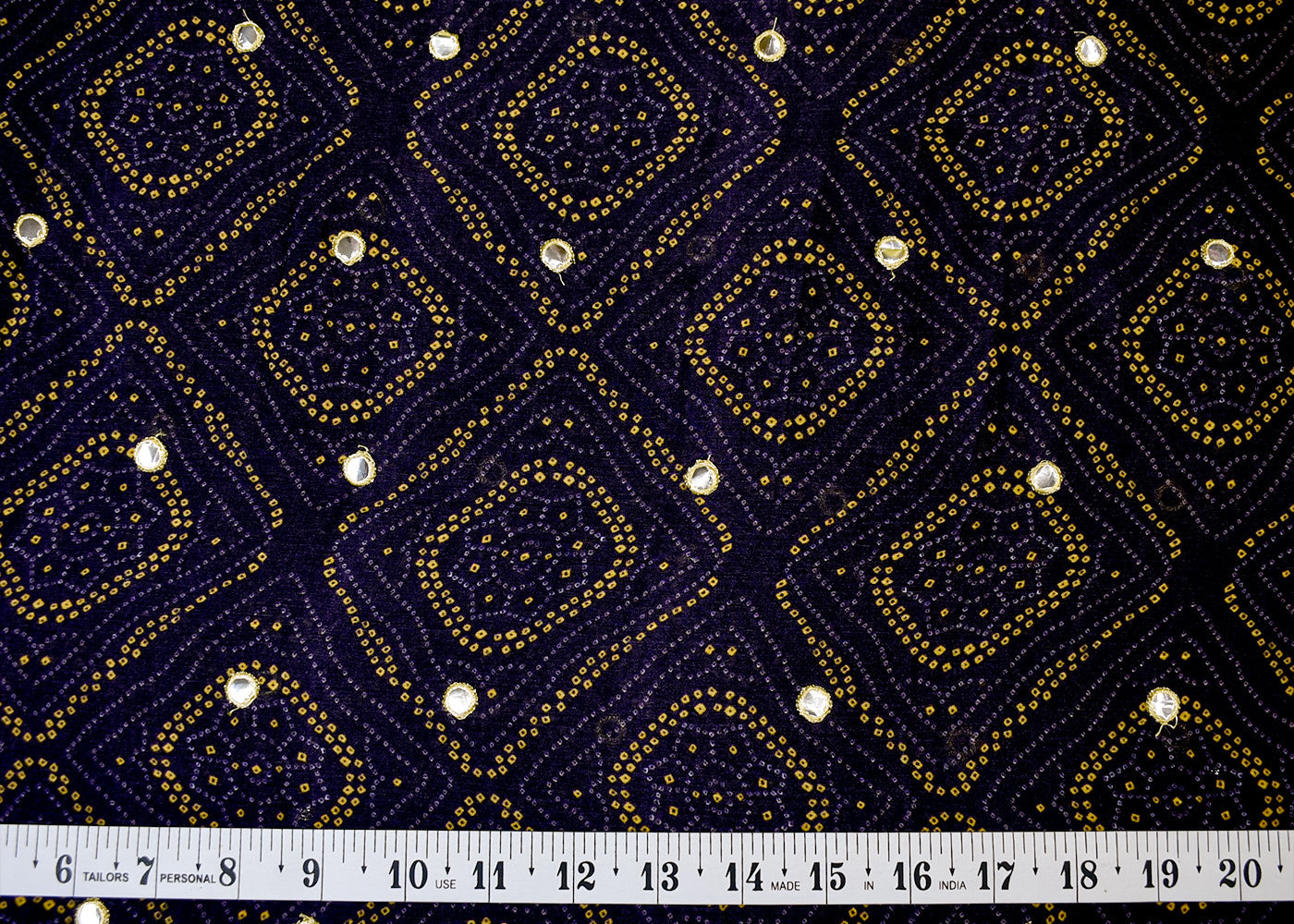 Dark Purple Chinon Chiffon Fabric with All Over Bandhani Print and Faux Mirror Work 15162