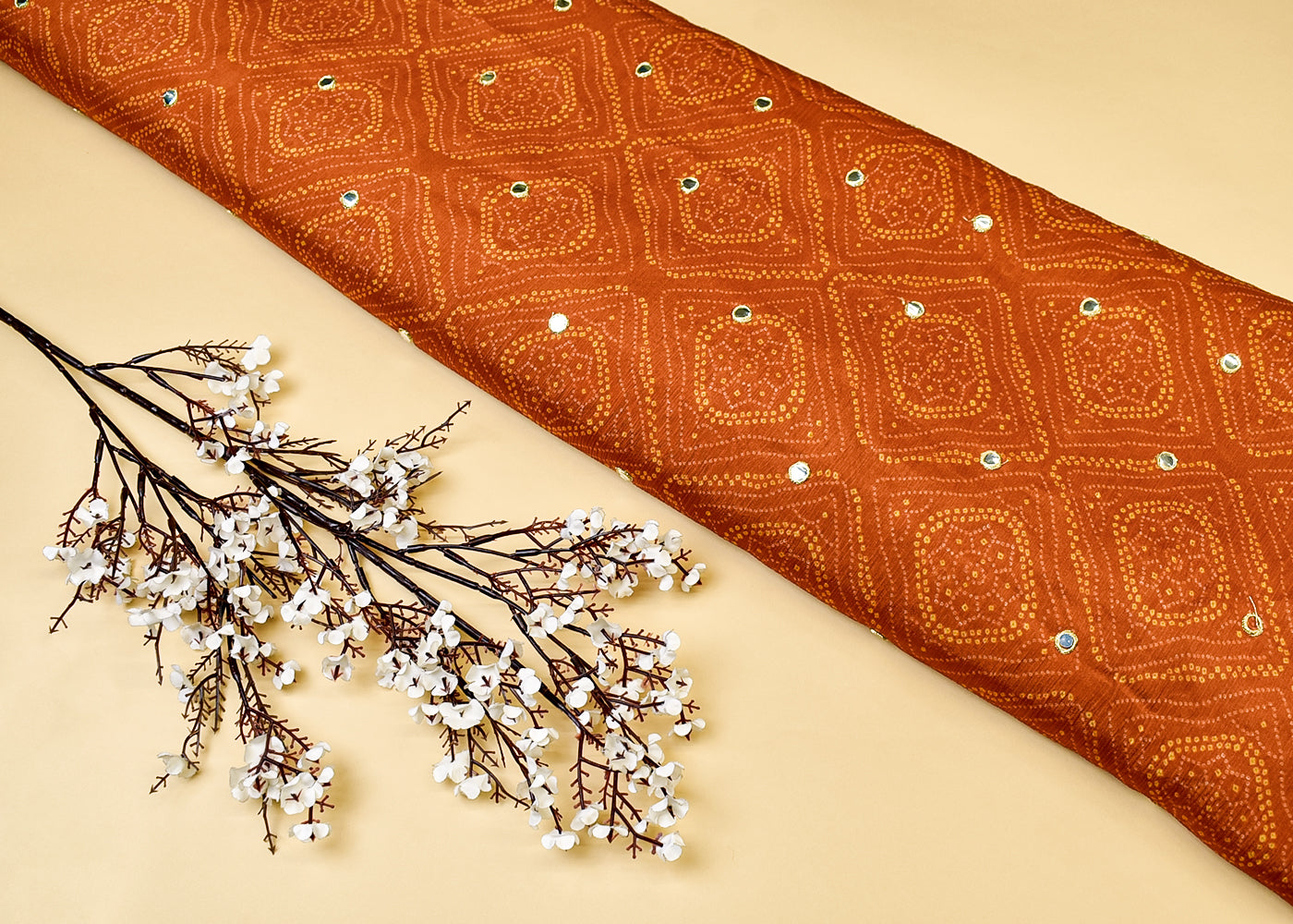 Rust Chinon Chiffon Fabric with All Over Bandhani Print and Faux Mirror Work 15163