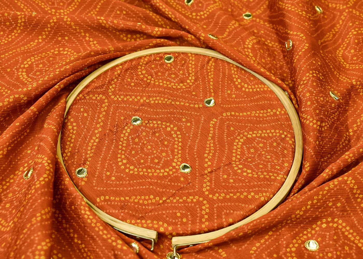 Rust Chinon Chiffon Fabric with All Over Bandhani Print and Faux Mirror Work 15163