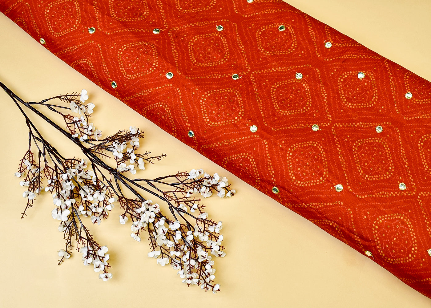 Dark Orange Chinon Chiffon Fabric with All Over Bandhani Print and Faux Mirror Work 15164