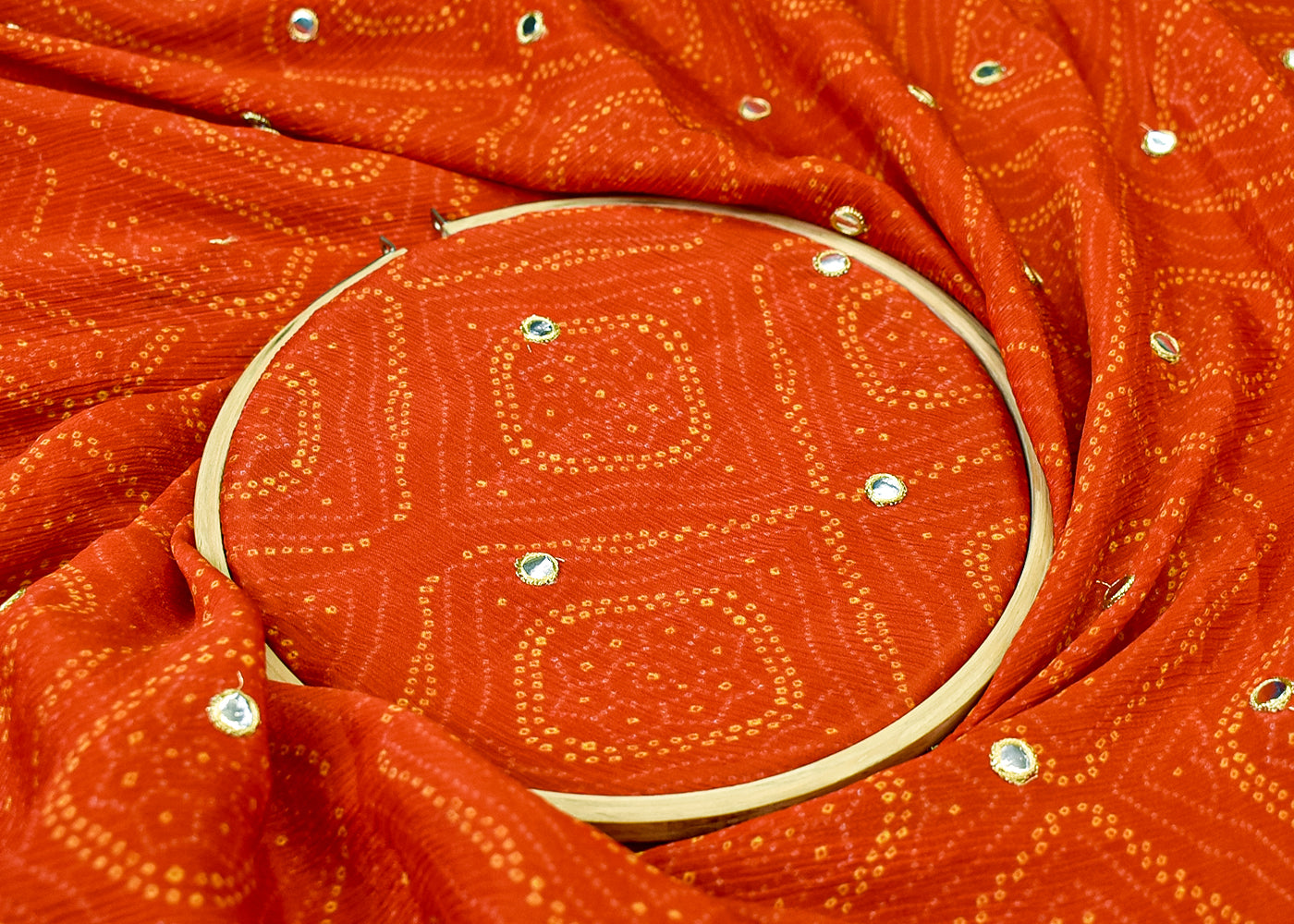 Dark Orange Chinon Chiffon Fabric with All Over Bandhani Print and Faux Mirror Work 15164