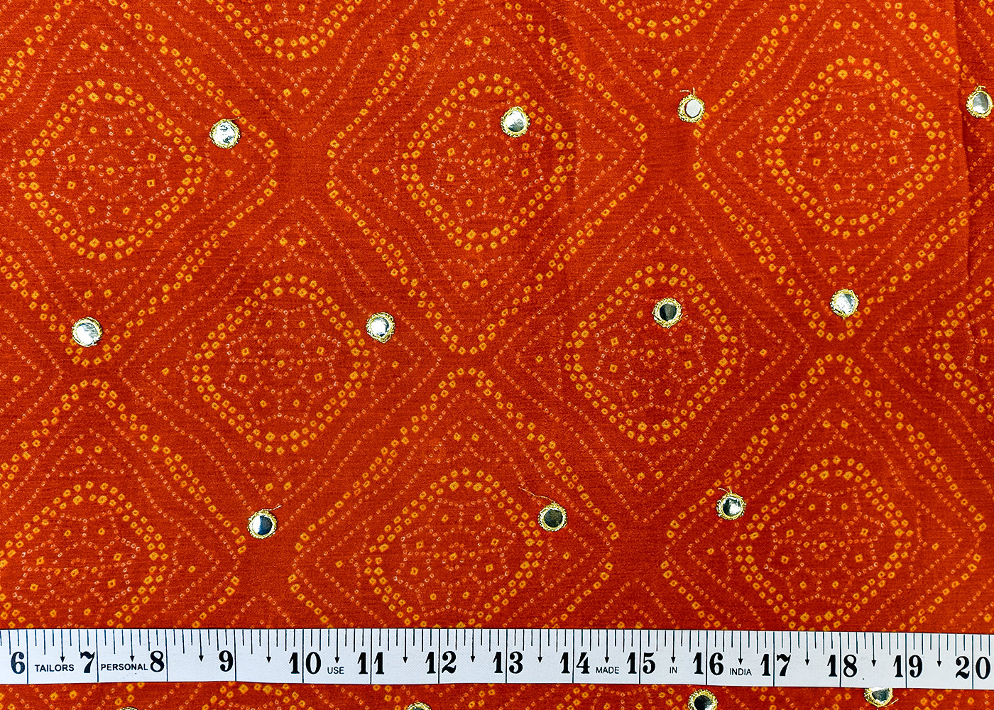 Dark Orange Chinon Chiffon Fabric with All Over Bandhani Print and Faux Mirror Work 15164