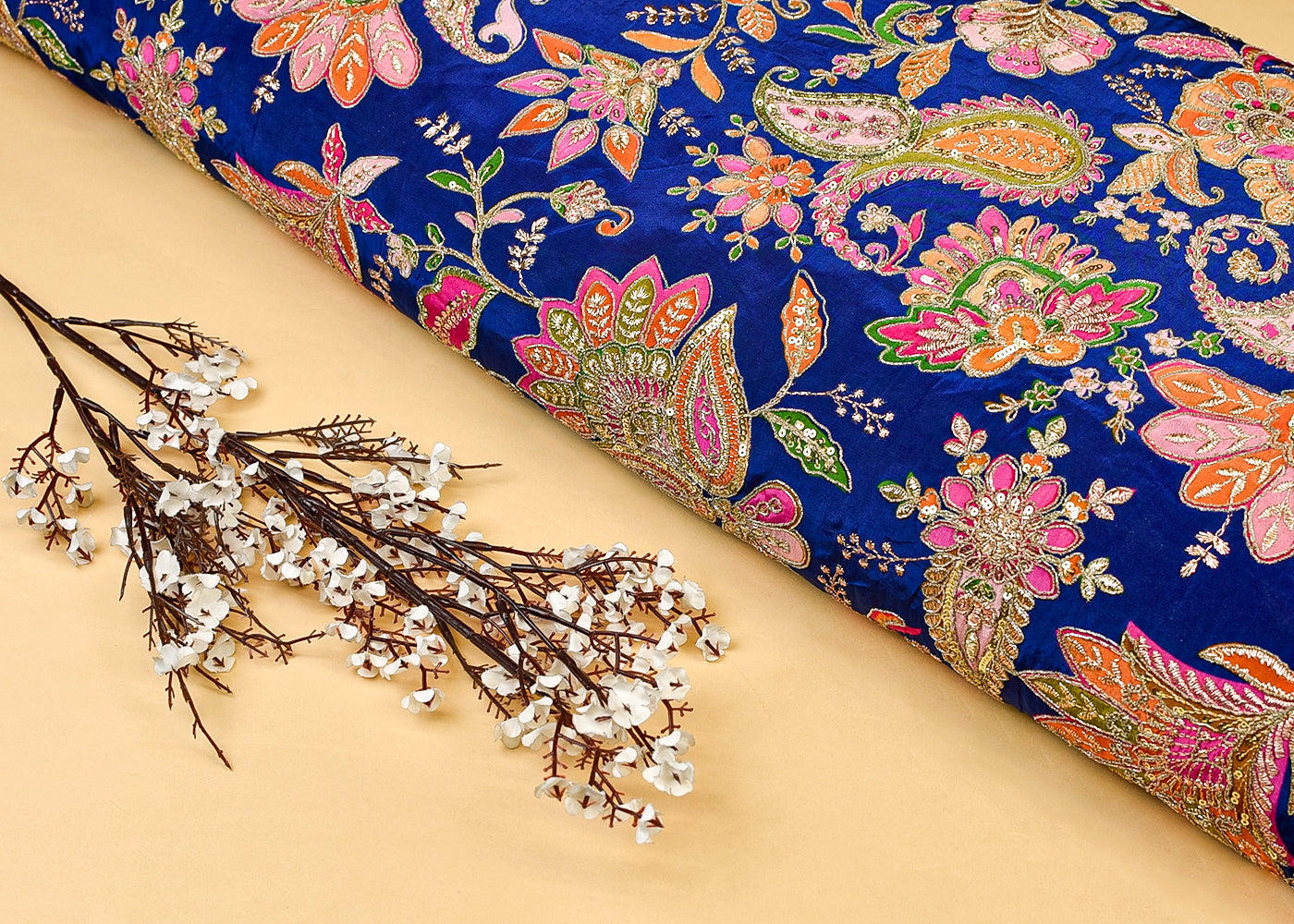 Blue Crepe Fabric with All Over Zari and Sequins Work 15166