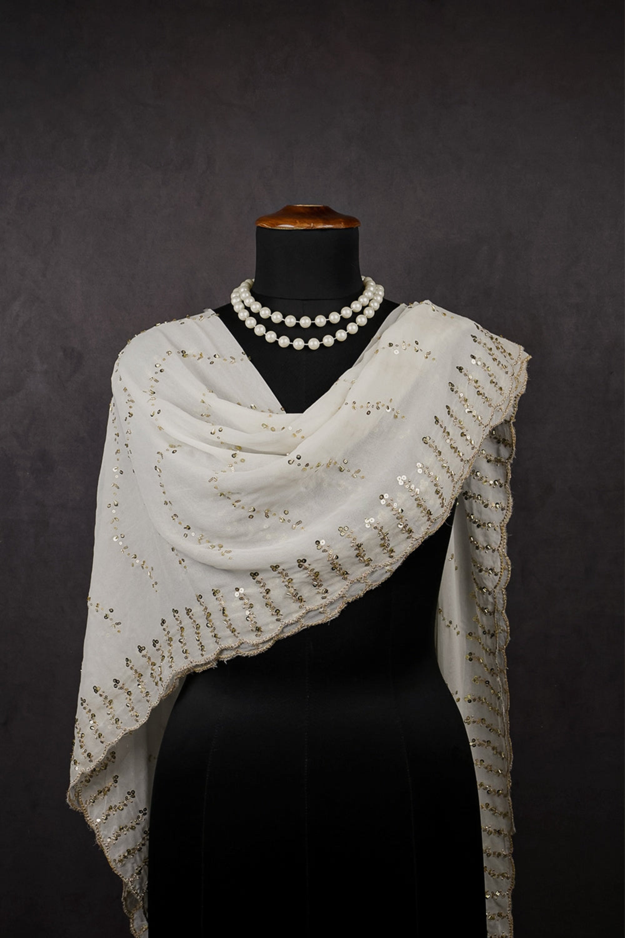 White Dyeable Georgette Dupatta With All Over Katdana And Sequins Work 15177