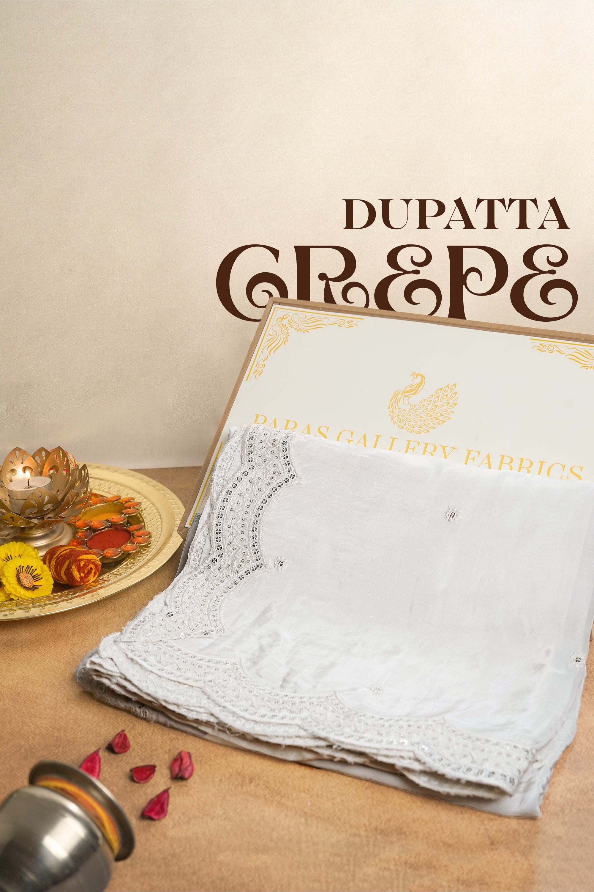 White Dyeable Crepe Dupatta With All Over Thread And Sequins Work 15188