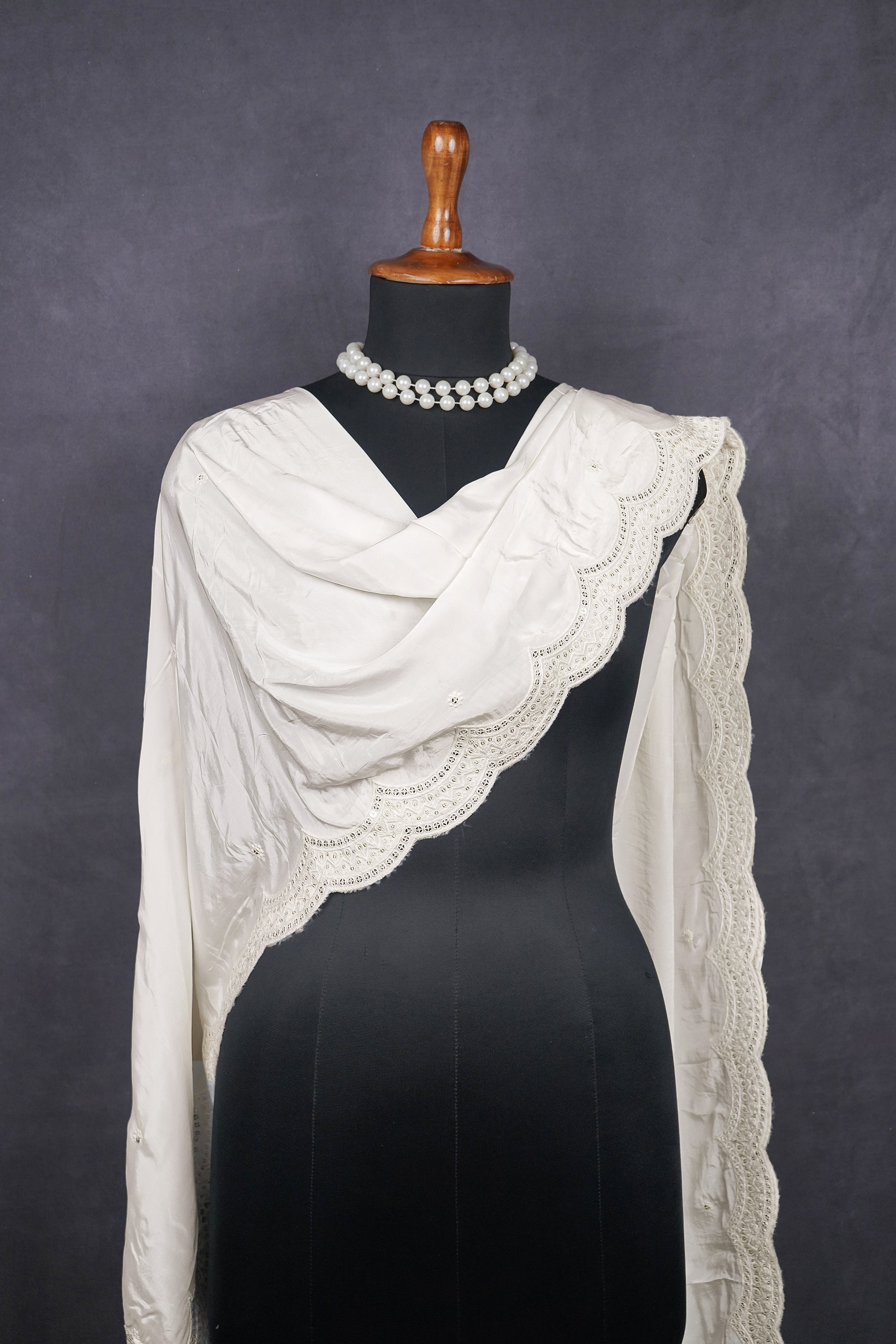 White Dyeable Crepe Dupatta With All Over Thread And Sequins Work 15188