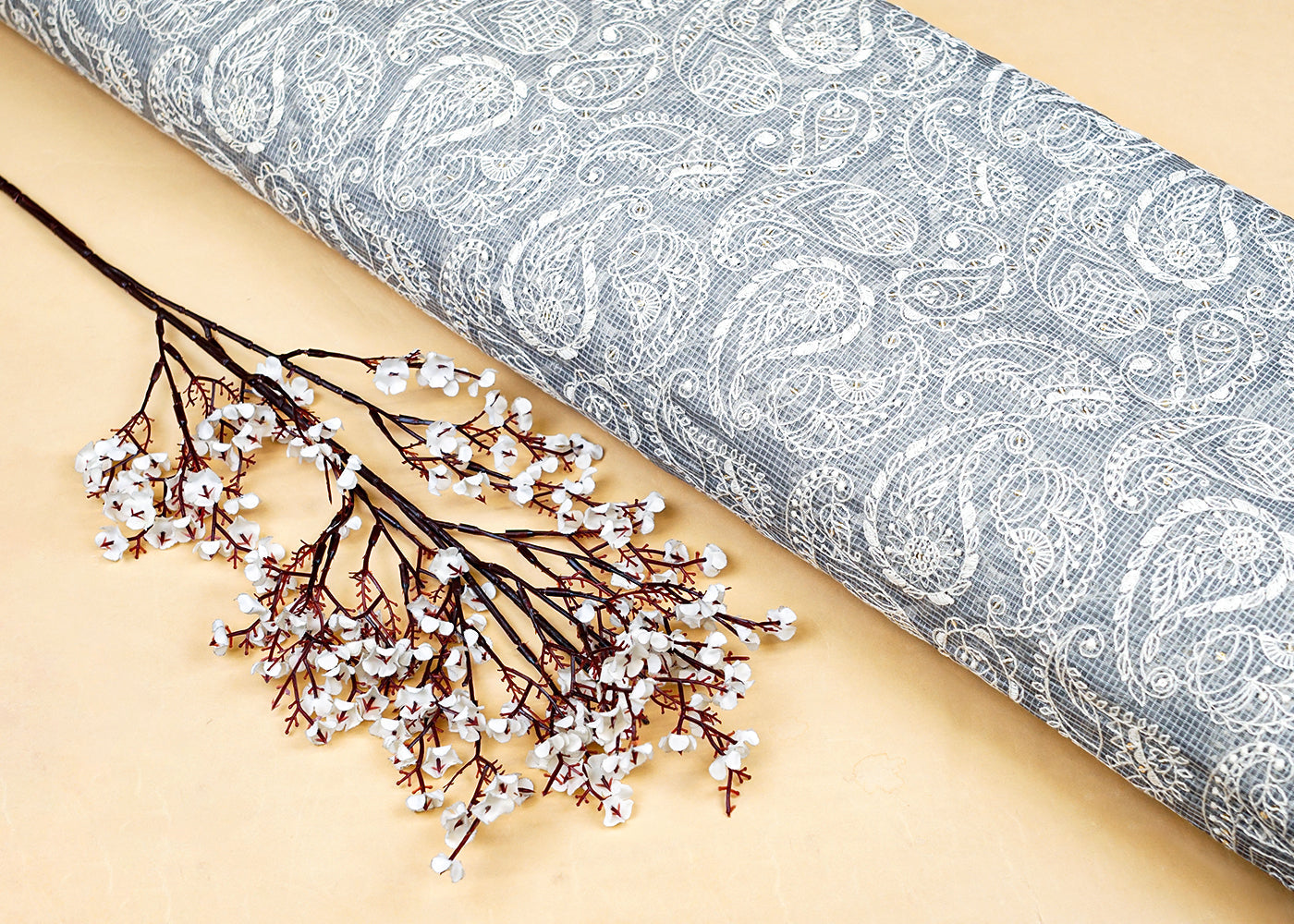 Grey Cotton Fabric with All Over Kotadoria Work with Thread and Sequins 15197